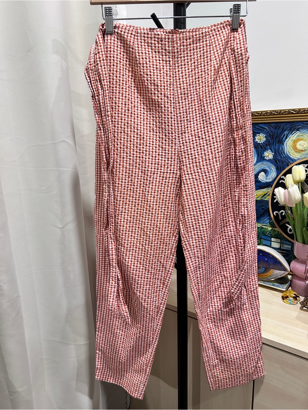 Free People Red & White Gingham Wide-Leg Pants